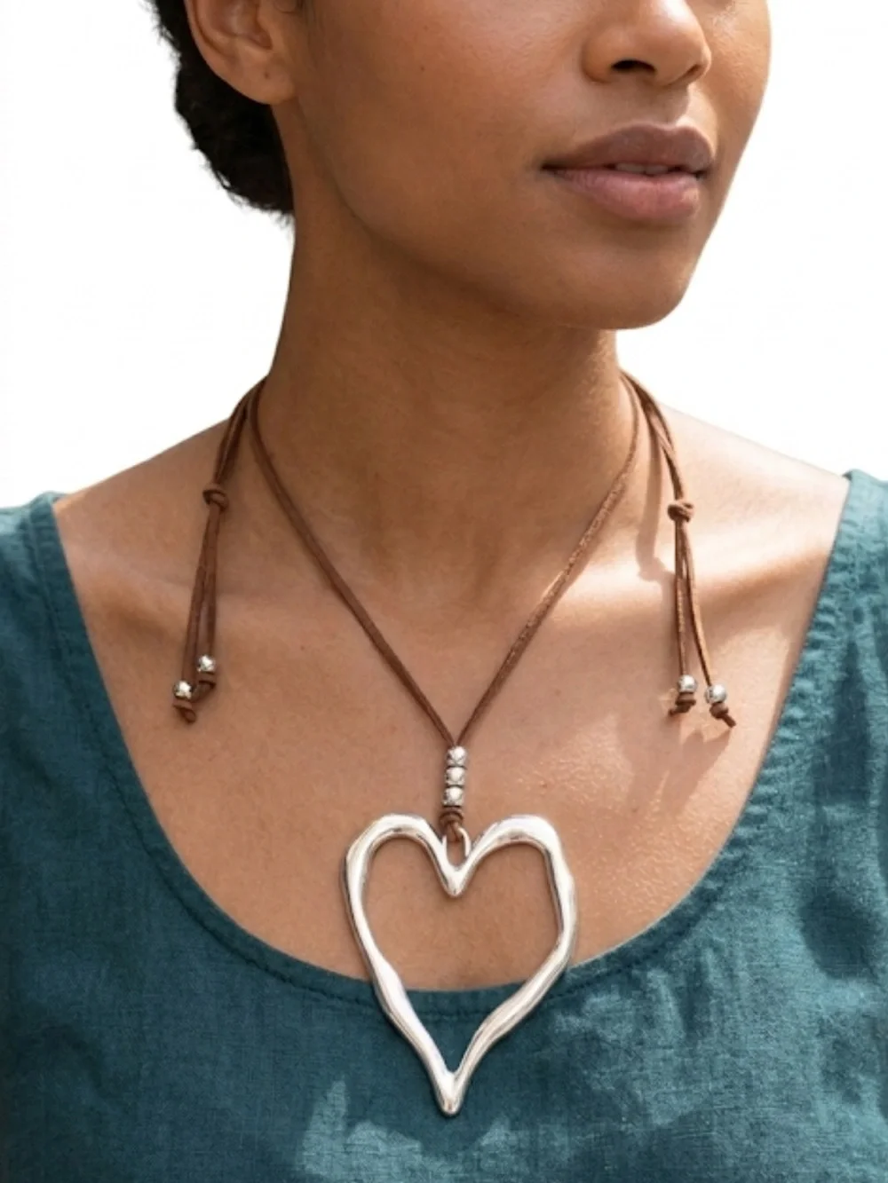Boho Hammered Silver Heart Necklace | Rustic Cord Pendant C2